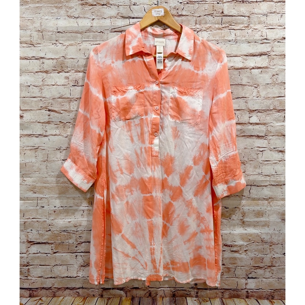 Chicos Peach Tie-dye Button-front Cover-Up Tunic Top Size 0 US Small - Picture 5 of 8